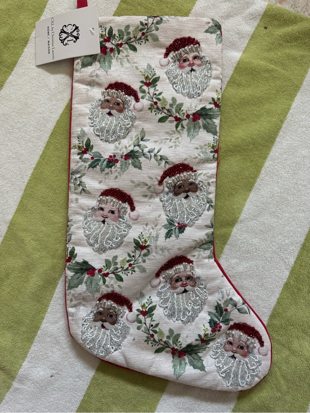 Beaded Santa Embroidered Holiday Stocking